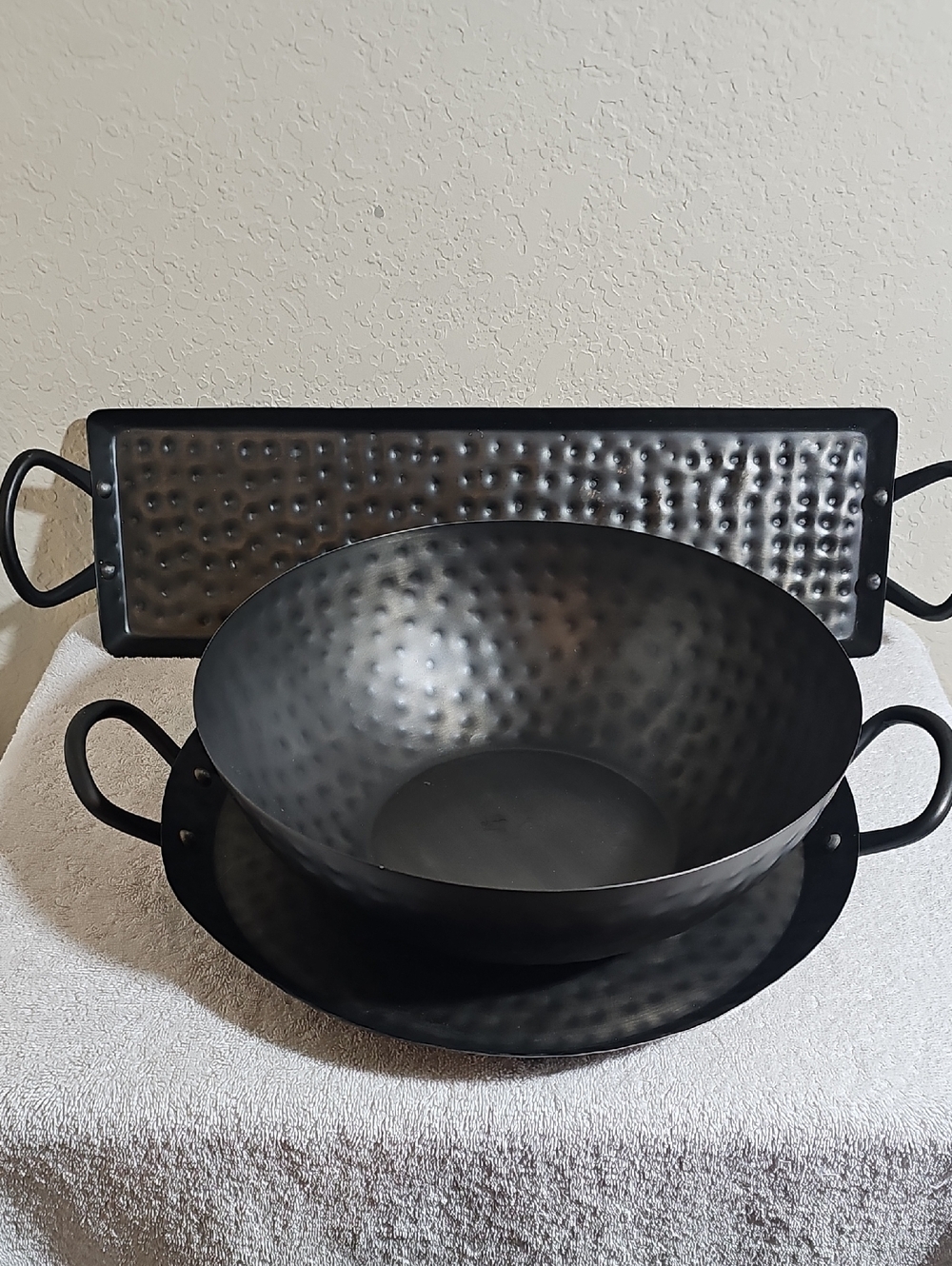 3 Piece Rustic Industrial Black Hammered Metal Serving Bowl and Double Tray Set